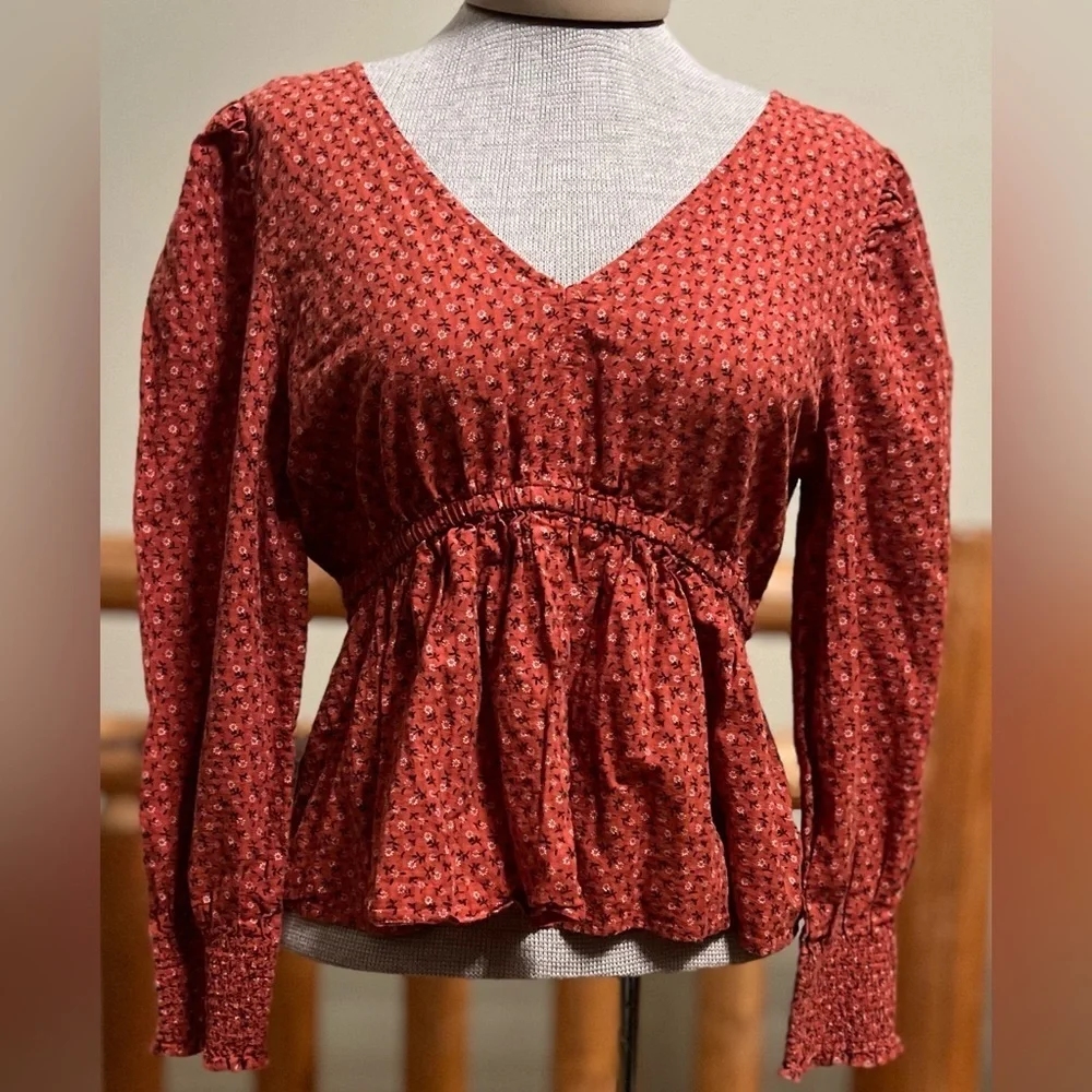 🍁 Madewell Tie-Back Peplum Blouse in Rust Floral (Size S)